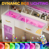 COMHOMA Vanity Desk with Mirror and Lights, Makeup Vanity with 3-Color LED, Transparent Top and RGB Drawers, White Desk with Open Shelves and Glass Cabinet, Built-in Power Outlet & Foldable Tabletop COMHOMA