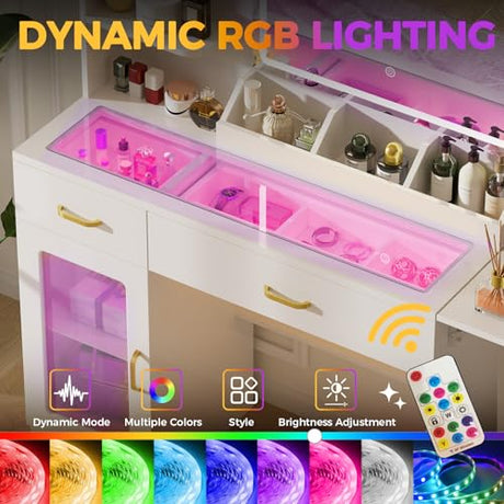COMHOMA Vanity Desk with Mirror and Lights, Makeup Vanity with 3-Color LED, Transparent Top and RGB Drawers, White Desk with Open Shelves and Glass Cabinet, Built-in Power Outlet & Foldable Tabletop COMHOMA