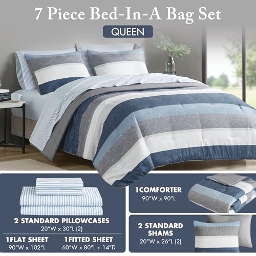 Madison Park Essentials Jaxon Bed in a Bag Comforter Set with Sheet, Printed Stripe Design, Modern All Season Bedding and Matching Sham, Queen Blue/Grey 7 Piece Madison Park