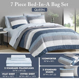 Madison Park Essentials Jaxon Bed in a Bag Comforter Set with Sheet, Printed Stripe Design, Modern All Season Bedding and Matching Sham, Queen Blue/Grey 7 Piece Madison Park