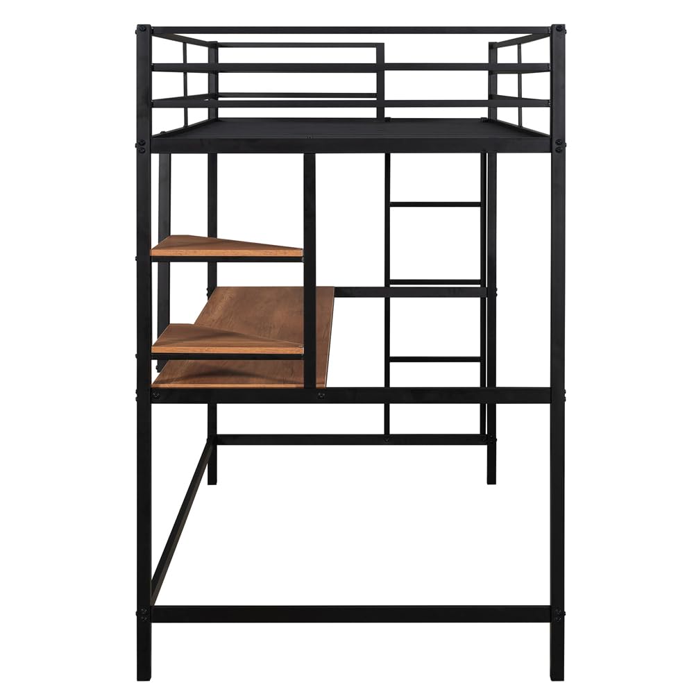 HomJoones Loft Bed with Desk, Loft Bunk Bed Over Desk and Bookcase with Metal Frame, 12.8" H Safety Guardrail, Noise Free, No Box Spring Needed, Twin (Black) HomJoones