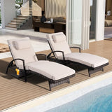 Chaise Lounge Chairs Set of 2, 6-Position Adjustable Outdoor Recliner with Side Table & Wheel,All-Weather PE Rattan Wicker Patio Lounge Chair With Removable Cushion for Poolside Backyard Beach (Beige)
