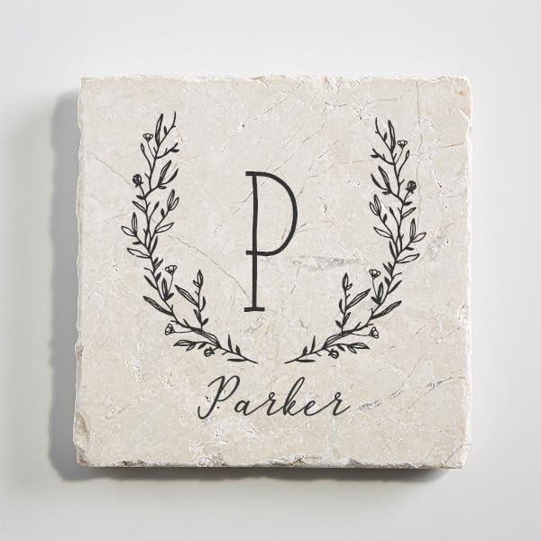 Personalization Universe Farmhouse Floral Personalized Tumbled Stone Coaster Set - Custom with Name & Initial, Set of 4 Marble Stone Coasters, Wedding Gifts, Housewarming Gift Ideas, Bar Table Décor Personalization Universe