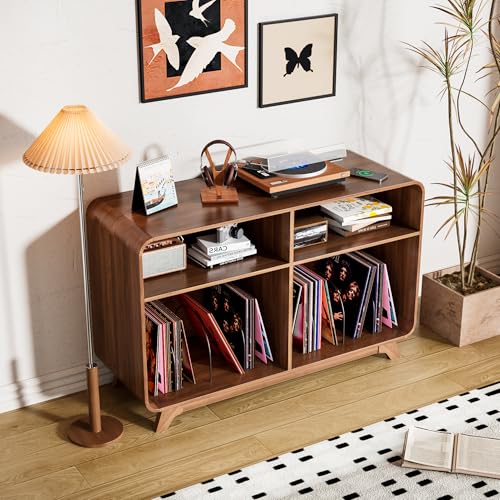 Record Player Stand with Vinyl Storage Cabinet with Charging Station & USB Ports, Turntable Stand Table Holds Up to 350 Albums, Curved Vinyl Record Cabinet for Living Room (Walnut, 42.5-inch) Boweniog