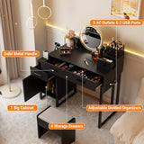 Vanity Desk with 4 Storage Drawers - Modern Makeup Vanity Table with Charging Station, Black Vanity Desk with Reversible Cabinet Dressing Table Set with Divided Organizers for Women Girls, Black Besiost