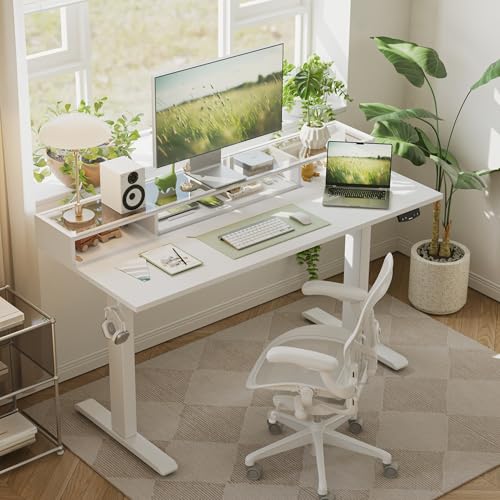Agilestic Glass Standing Desk with Storage, 48 Inch Electric Adjustable Desk with Glass Shelf, Sit Stand Up Home Office Computer Table, Splice Board, White Agilestic