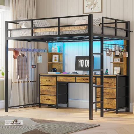 ADORNEVE Full Size Loft Bed with Desk and 8 Storage Drawers, Metal Loft Beds Full with LED Lights & Charging Sation, Heavy Duty Loft Bed Frame with 6 Storage Shelves, Space-Saving, Rustic Brown ADORNEVE