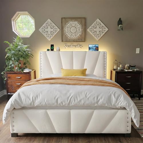 EnHomee Full Size Bed Frame, Velvet Bed Frame with Headboard and Led Light, Platform Bed Frame for Bedroom Apartment, Dorm, Noise-Free, Easy Assembly, Beige EnHomee