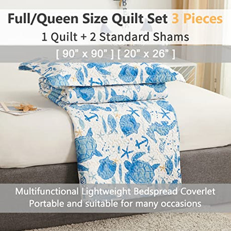 Coastal Beach Quilt Set - Queen Size Ocean Bedding Reversible Quilt Sea Turtle Blue Jessy Home