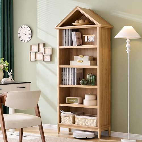75.9" Tall Farmhouse Bookcase, Angle Arched 5 Tiers Large Bookshelf with Adjustable Shelves, Modern Wooden Geometric Book Shelf w/Storage and Open Display Shelves for Living Room, Office-Natural IFGET