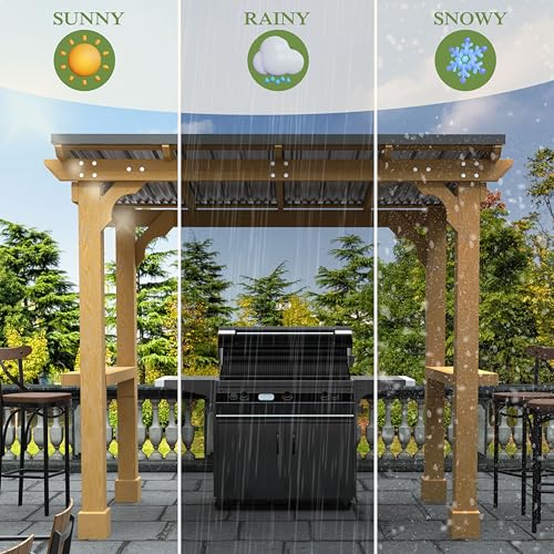 VEIKOU 8’x5’ Grill Gazebo, Patio Gazebo with Hardtop Metal Roof, Rainwater Drainage, Wood Frame, BBQ Gazebo for Barbecue, Backyard, Garden, Rustic - WoodArtSupply