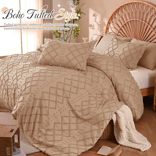 Manyshofu 5Pcs Boho Queen Duvet Cover Set - Tufted Taupe Duvet Cover Pattern, Shabby Chic Boho Bedding Set Textured Comforter Covers with Embroidery Pillow Shams Manyshofu