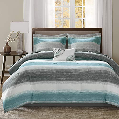 Madison Park Essentials Twin Comforter Set, Bed in a Bag Twin, Watercolor Print Coastal Comforter & Chambray Cotton Sheet Set, All Season Bedding Set, Saben, Aqua Twin (68 in x 86 in) 7 Piece Madison Park