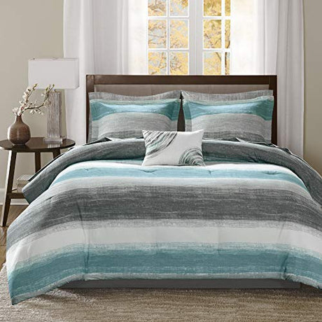 Madison Park Essentials Twin Comforter Set, Bed in a Bag Twin, Watercolor Print Coastal Comforter & Chambray Cotton Sheet Set, All Season Bedding Set, Saben, Aqua Twin (68 in x 86 in) 7 Piece Madison Park