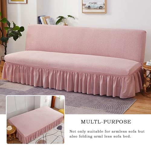 Daunkang Futon Cover Slipcover Removable Armless Sofa Bed Slipcovers Full Size with Skirt Ruffled Knitted Futon Sofa Cover Furniture Bed Protector with Elastic Bottom M Pink Daunkang