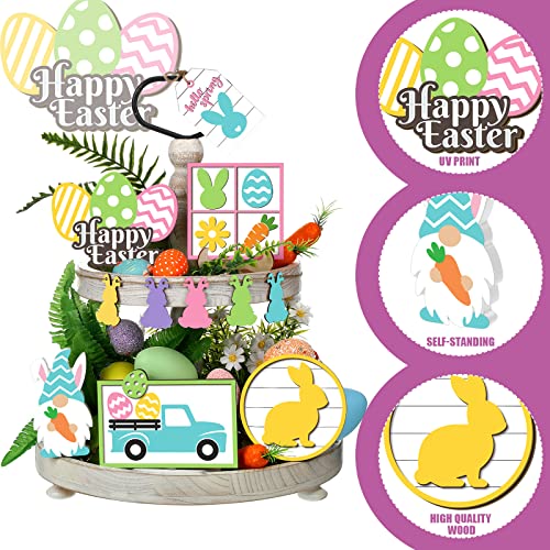 Jetec Tray Decor, 12pcs Bunny Easter Tiered Signs, Wood Gnome Truck Flower Farmhouse Kitchen Decorations, Green, Yellow, Tray not Included Jetec
