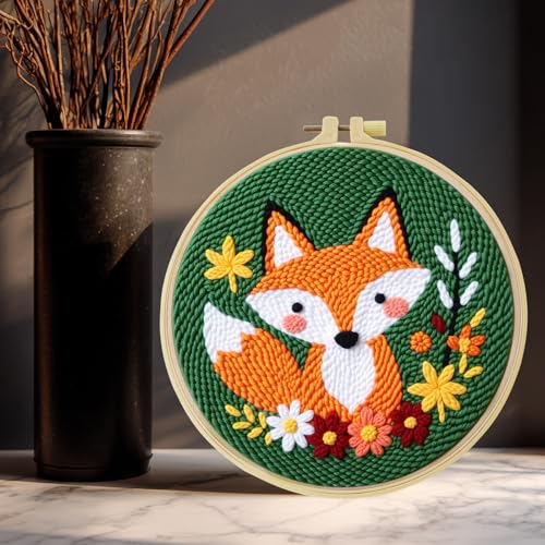 JOZYSH Punch Needle Embroidery Starter Kits for Beginners Cute Cartoon Animal Embroidery Hoops,Color Threads,Instructions and Needles,DIY Adults Embroidery (Fox)