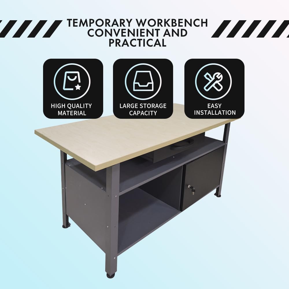 JZD Metal Storage Garage Workbench with Drawer, Wood Worktop, Steel Chest 47.2 x 23.6 x 32.3 Inches JZD