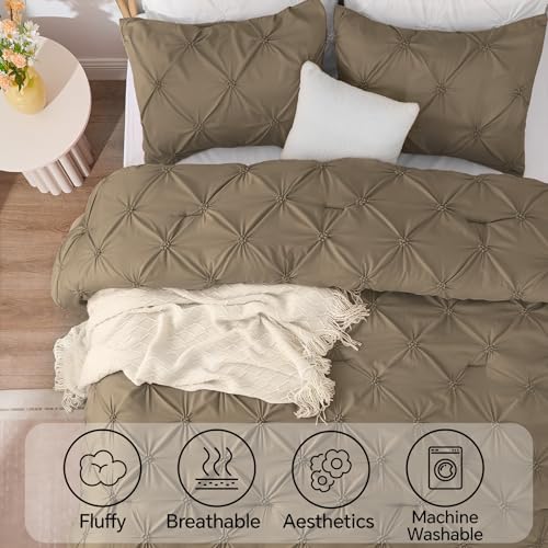 BEDELITE Light Brown Queen Comforter Set - 3 Pieces Boho Pintuck Bedding Comforter Sets, Lightweight Soft & Warm Bed Comforter Queen with 2 Pillowcases for All Season