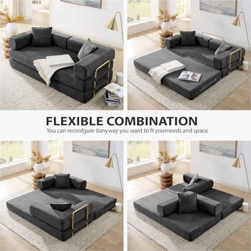 4-in-1 Folding Convertible Sofa Bed, 78 Inch Boneless Couch with Fixed-Shape Frame, Corduroy Loveseat Sleeper with Pull Out Bed, Floor Sofa Modular Futon Couch for Living Room Bedroom Lounge (Grey) ivoros