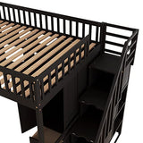 Full Size Loft Beds Stairway Loft Bed Frame with Wardrobe, Desk, Bookcase and Drawers, Espresso Merax