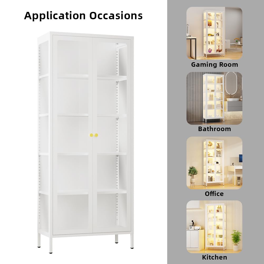 VCGGAIP 5-Tier LED Illuminated Glass Display Cabinet with Dual Tempered Doors - Adjustable Shelves & Leveling Feet for Home/Office- Collectibles Showcase (White, 13.78" D x 27.56" W x 66.93" H) VCGGAIP