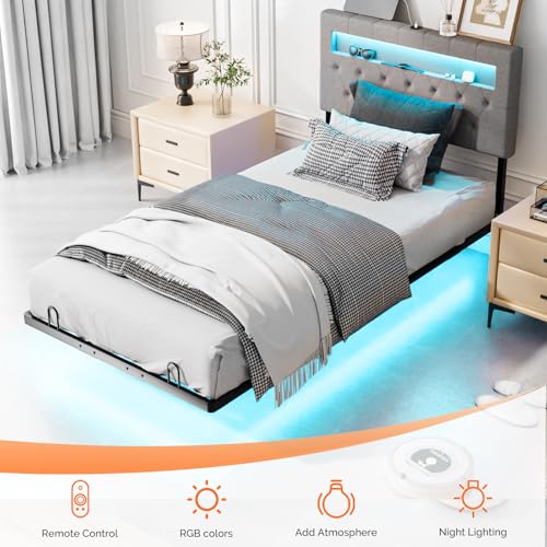 VINGLI Twin Floating Bed Frame with Upholstered Headboard,Charging Station/LED Lights, Modern Platform Bed,Heavy Duty Metal Bed Frame,Adjustable Headboard, No Box Spring Needed, Easy Assembly,Grey VINGLI