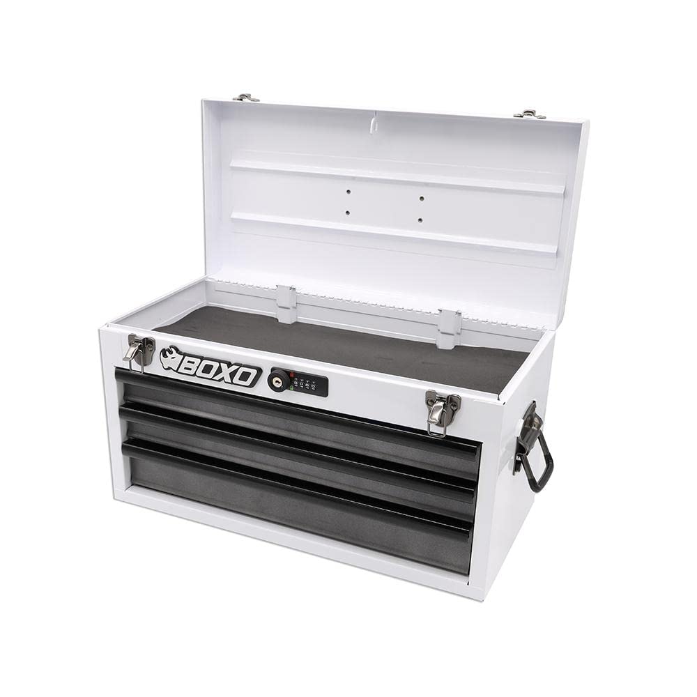 Boxo USA Hand Carry Tool Box 3-Drawer Heavy Duty Steel Toolbox with Lock System (White) BOXO