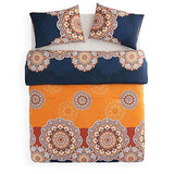 Wake In Cloud - Bohemian Comforter Set, Boho Chic Ornate Floral Elements Pattern Printed for Men Women, Soft Lightweight Bedding, 3 Pieces, Orange Navy, Queen Size Wake In Cloud