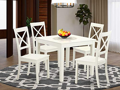 East West Furniture OXBO5-LWH-W 5 Piece Modern Dining Table Set Includes a Square Wooden Table and 4 Dining Chairs, 36x36 Inch, Linen White - WoodArtSupply