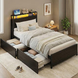 LIKIMIO Twin Bed Frame, with 2-Tier Shelves & Charging Station & LED Light, DIY Layout Storage Drawers, Suitable for Teen Rooms, Small Apartments & Bedrooms, Gray Black LIKIMIO