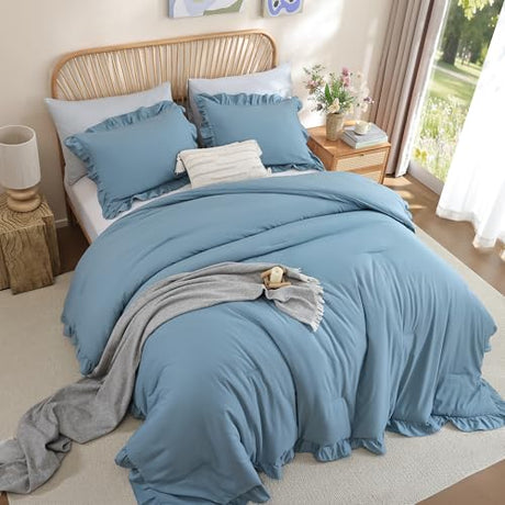 JANZAA Comforters Queen Size Mineral Blue Comforter Set Queen 3PCS(1 Ruffled Comforter Set and 2 Pillowcases) Shabby Chic Bedding Vintage Soft Fluffy Bed Set for All Season JANZAA