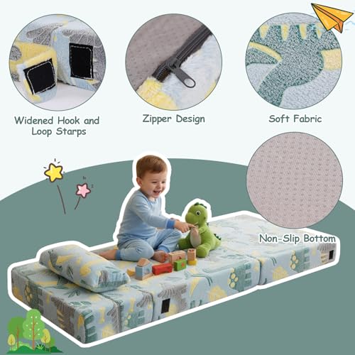 Tiita Kids Folding Sofa Bed Floor Mattress, Trifold Futon Mattress Kids Fold Up Bed, Toddler Fold Out Couch Beds, Foldable Toddler Floor Beds Nap Mat with Storage Bag, Green Dinosaur Tiita