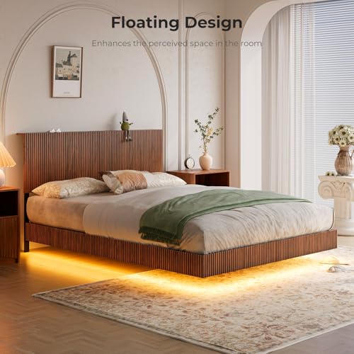 Evermagin Walnut Queen Floating Bed Frame with Headboard, Mid Century Modern Fluted Platform Bed with LED Lights, Heavy Duty Floating Bedframe with Charging Station, No Box Spring Needed Evermagin