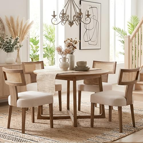 HNY Mid Century Modern Rattan Dining Chairs Set of 6, Farmhouse Linen Upholstered Accent Chair Curved Backrest Kitchen Chairs, with Hardwood Frame, Beige HNY