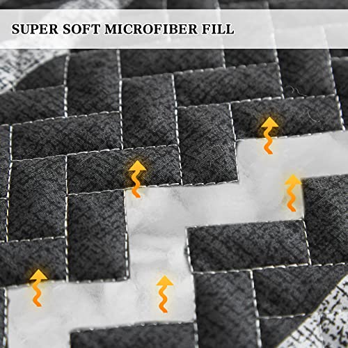 Flysheep Dark Grey Boho Quilt Set Full Queen Size, 3 Pcs White Striped on Gray Reversible Bedspread, Brushed Microfiber Coverlet for All Season, 1 Quilt + 2 Pillow Shams Flysheep