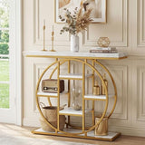 HOMCOM Entryway Table, 39.4" Console Sofa Table with Storage Shelves and Circle Steel Frame, Narrow Wood Accent Tables for Entrance, Hallway, Foyer, Living Room, White Marble Effect HOMCOM