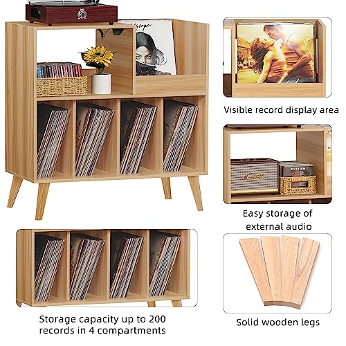 LELELINKY Large Record Player Stand, Turntable Stand with Storage, Vinyl Record Holder with Display Area, Record Player Table Holds Up to 300 Albums, Record Stand for Music room Living Room-Natural LELELINKY