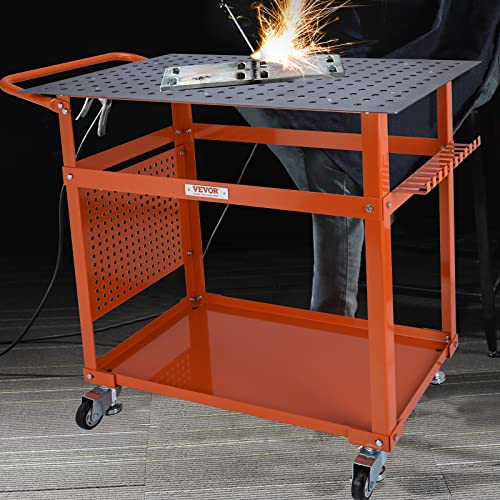 VEVOR Welding Table 36 x 24-inch, 600LBS Load Capacity Steel Welding Workbench Table on Wheels, Portable Work Bench with Double-Layer Storage Board, 5/8-inch Fixture Holes, 11 Hooks - WoodArtSupply