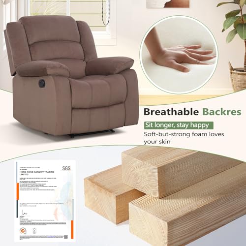 ANJ Fabric Recliner Chair with Overstuffed Arm and Back, Comfy Chocolate Manual Reclining Chairs for Adults, Living Room Single Sofa Recliners