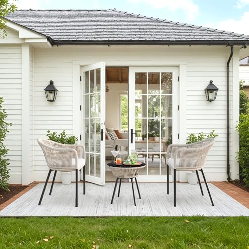 Devoko Patio Furniture Set 3 Pieces Rope Woven Bistro Set Outdoor Conversation Set with 2 Wide Chairs,Cushions and Tempered Glass Table for Balcony Porch Backyard Garden Poolside Devoko