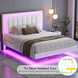 HOMBCK Floating Bed Frame Queen with Smart LED Lights, Faux Leather Upholstered Bed with Diamond PU Headboard, No Box Spring Needed, Noise-Free, Easy Assembly, White HOMBCK