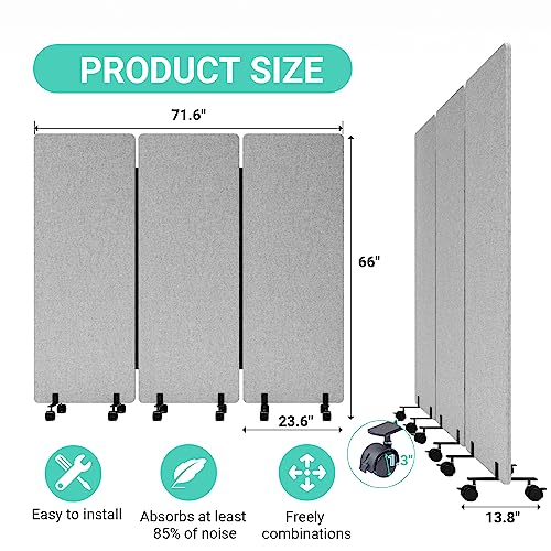 Soundproof Room Divider with Wheels, 66in Office Dividers for Sound Proofing & Reducing, 3 Panel Sound Proof Dividers for Office Partitions Portable Temporary Wall Acoustic Wall Divider，Light Grey YASRKML