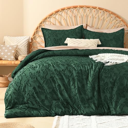 Litanika Queen Size Comforter Set Emerald Green, 3 Piece Dark Green Boho Tufted Bedding, Forest Green Fluffy Farmhouse Bed Set for All Season with 2 Leaf Pattern Pillowcases（90x90In）