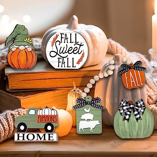 Uruney Fall Tiered Tray Decor, Green Farmhouse Pumpkin Tray Decorations, Gnome Truck Buffalo Plaid Wooden Signs Bead Garland, Rustic Thanksgiving Harvest Autumn Decorations for Home Table She - WoodArtSupply