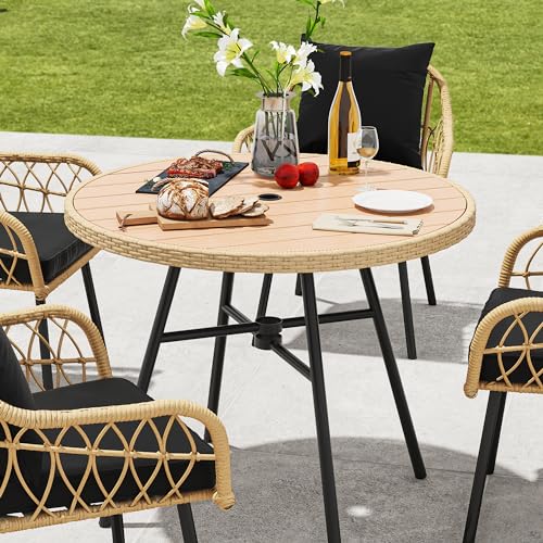 YITAHOME Round Patio 36.6'' Dining Wood Table for 4-Person w/1.96" Umbrella Hole, Rattan Wrapped Tabletop and Sturdy Iron Frame Perfect for Lawn Backyard Garden