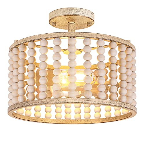 Wood Beaded Chandelier - Farmhouse Boho Light Fixture, Rustic Semi Flush Mount Ceiling Light, Oak 2 Lights Nursery Light Fixture for Hallway Foyer Bedroom Kitchen Island Living Room, E26 Base Frelii