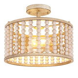 Wood Beaded Chandelier - Farmhouse Boho Light Fixture, Rustic Semi Flush Mount Ceiling Light, Oak 2 Lights Nursery Light Fixture for Hallway Foyer Bedroom Kitchen Island Living Room, E26 Base Frelii