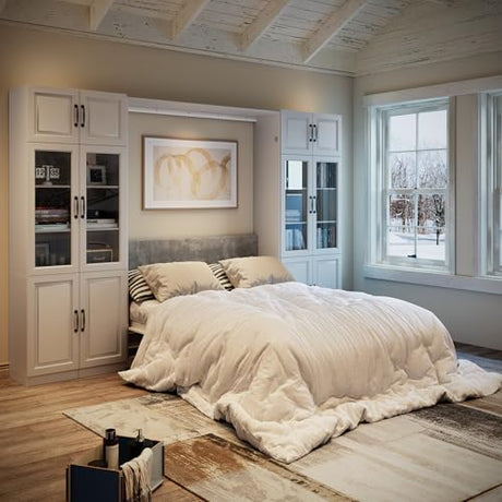 Bobve Farmhouse Murphy Bed Queen, 85" Wall Bed Folds to Save Space, Concealed Bed Frame with 2 Glass Storage Cabinets and Wall Mounted Features for Apartment/Office/Guest Room Bobve