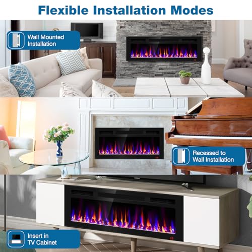 43 Inch Electric Fireplace Recessed and Wall Mounted, Fireplace Heater and Linear Fireplace, Ultra-Thin Electric Fireplace, Low Noise, with Timer, Remote Control, Adjustable 12 Flame Color, 750/1500W Sixfivsevn